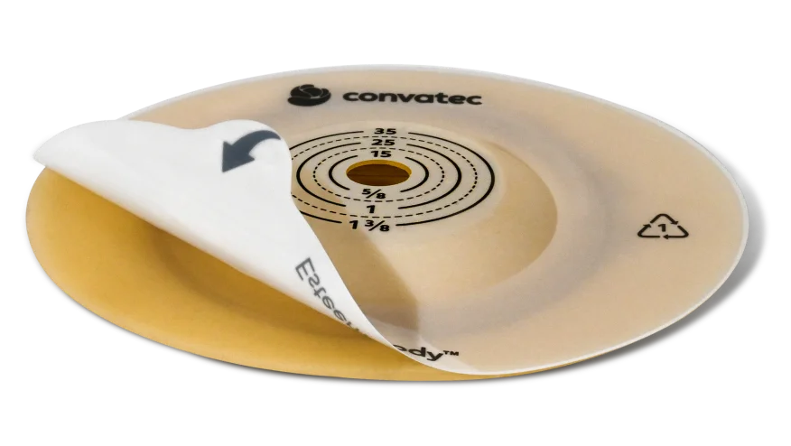 Convatec ostomy skin barrier with Gold Standard Adhesives, designed for skin protection, showcasing half top cover opening.